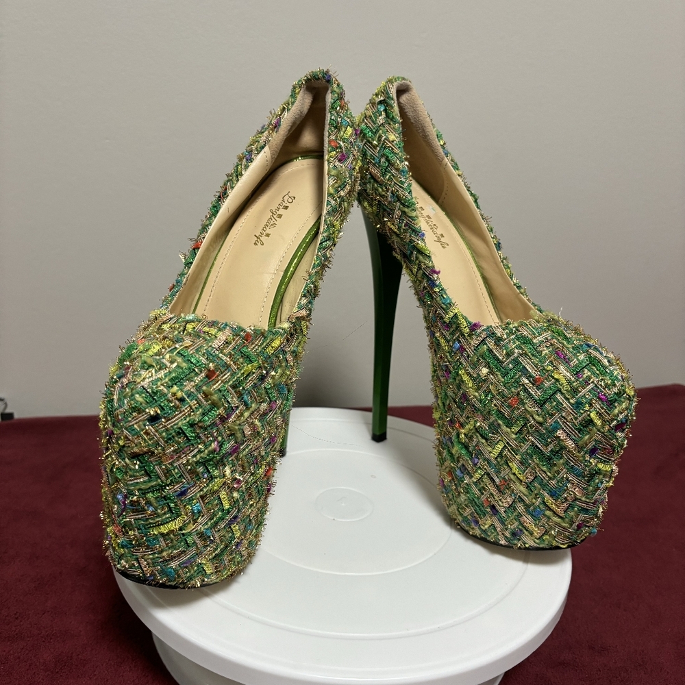 8" Stiletto Platform Heel Green Geometric Pattern - Women's Size 9.5